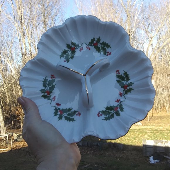 Porcelain three section Relish candy Christmas dish Holly Gold Trim - Picture 4 of 15